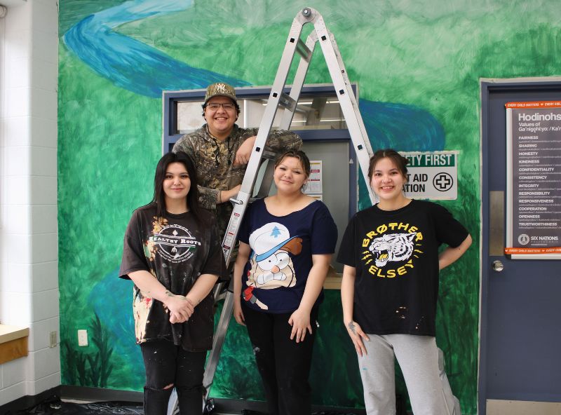 students standing in front of mural